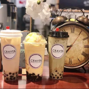 Signature milk tea, Mango smoothie and Matcha milk tea