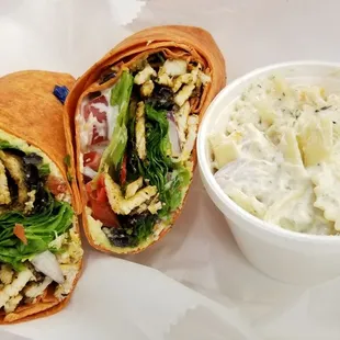 The SOB: Grilled chicken, spicy ranch, jack cheddar cheese, red onion, red bell pepper, avocado, lettuce, tomato, and tortilla strips.