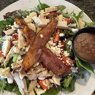 Salad of the month-goat cheese, strawberries, sunflower seeds, red onion, raspberry vinaigrette with chicken add on