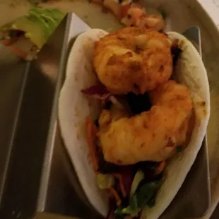 Close up of blackened shrimp taco. Delicious and good size shrimp.