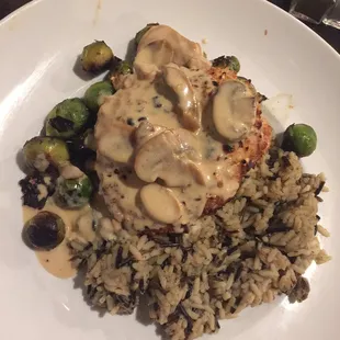 Nut crusted chicken with rice and brussel sprouts