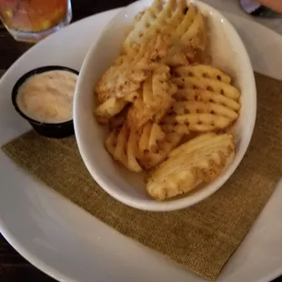 Appetizer of waffle fries. Yummy