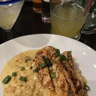 a plate of food and drinks