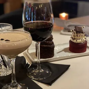 Coffee cocktail, merlot, red velvet cupcake, and double chocolate cupcake