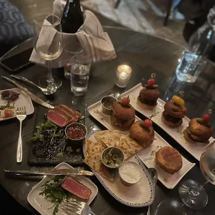 Ahi tuna, crab quesadilla, short rib au jus and the angus