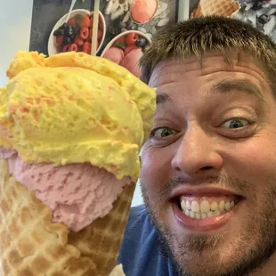 Yummy lemon raspberry and watermelon jalapeño ice cream in a fresh, homemade waffle cone!