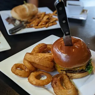 Classic cheeseburger onion rings French dip
