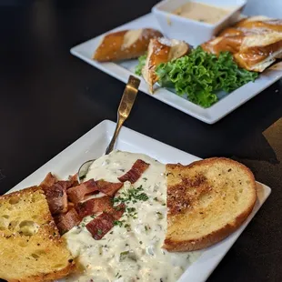 Clam chowder beer cheese pretzel dip.  Most amazing fresh food locally