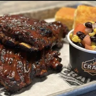 Full slab of ribs with southwest salad and corn bread.