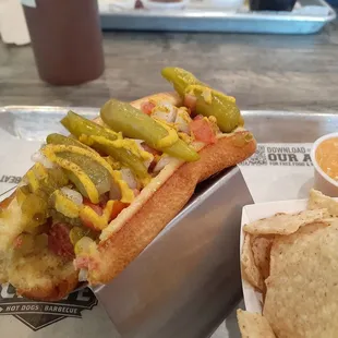 Chicago dog and chips and cheese.