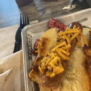 This is a chili and cheese dog!