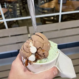 a hand holding a cup of ice cream