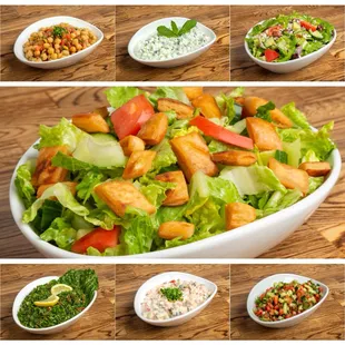 Salad options. Chickpea salad, cucumber salad, Greek salad, fattoush salad, tabbouleh salad, Jerusalem salad, and Arabic salad.