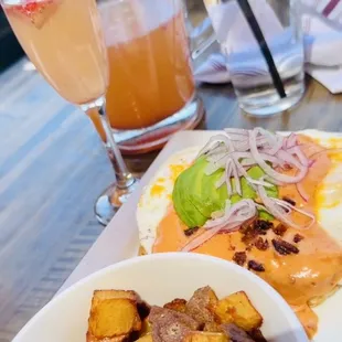 Good Morning Mimosa, Open Faced Breakfast Sandwich and Country Potatoes.