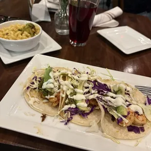 Black and shrimp, tacos, and green chili mac &amp; cheese
