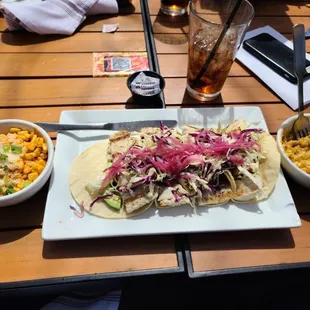 Grilled Mahi Tacos w/ borunda corn cup and green Chile Mac n Cheese