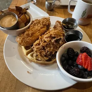 Green Chile Chicken and Waffles. A delicious combination of Chicken/Waffles AND Chiles Rellenos (Mexican Stuffed Peppers).
