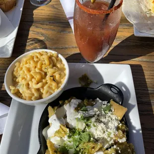 Chilaquiles with green chili Mac and cheese