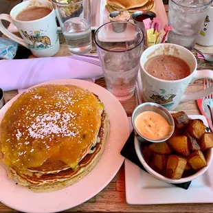 Pancakes, potatoes and hot chocolate