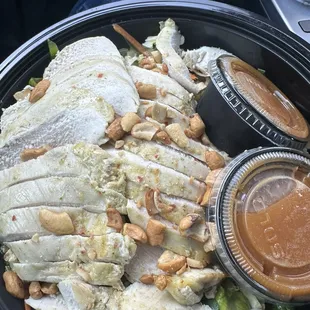 Asian salad ! This has extra chicken on it so don't expect it to look like this lol . Shredded Napa cabbage tender chicken breast.