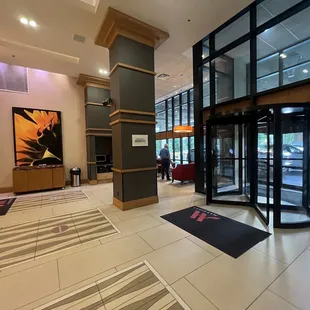 the entrance to a hotel lobby