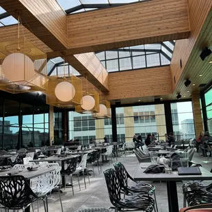 tables and chairs in a restaurant with a skylight