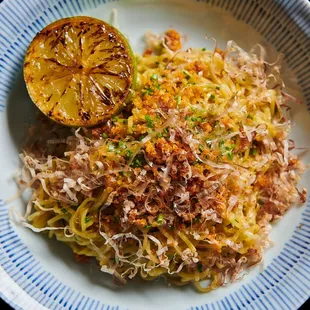 Dashi Ramen Pasta with togarashi breadcrumbs and bonito flakes