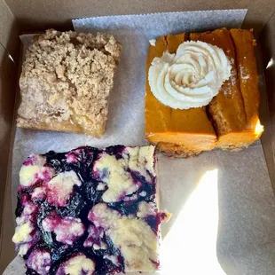 Apple crisp bar, pumpkin crisp bar and blueberry cobbler