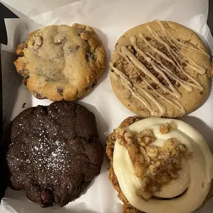 Chocolate chip cookie - top left The Brookie - bottom left Pecan pie - top right Carrot cake - bottom right