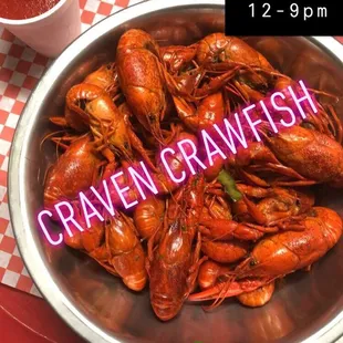 Fresh never frozen Crawfish featuring our signature fan favorite &apos;Craven Sauce&apos; .