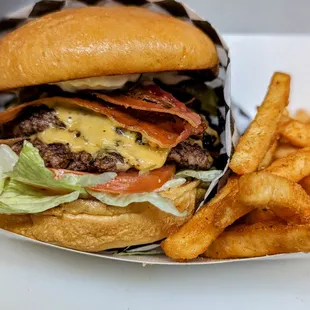 a cheeseburger and fries