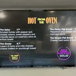 Menu for hot items