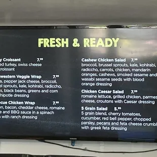 Menu for grab n go salads and cold sandwiches