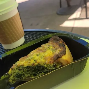 Seasonal quiche and a latte