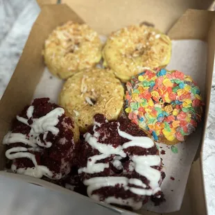 Lemon coconut (back), fruit pebbles, red velvet (front)