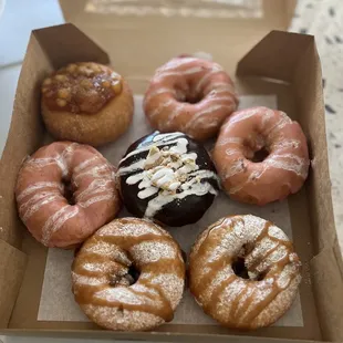 Apple pie (top left). Strawberry. S'mores (center). Funnel cake (bottom).