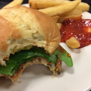 Veggie burger is tasty. Use the special seasoning on counter, too.