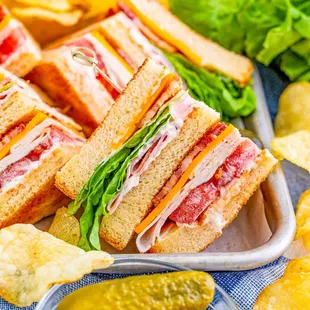 a tray of sandwiches and chips