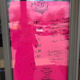 Menu with updated prices