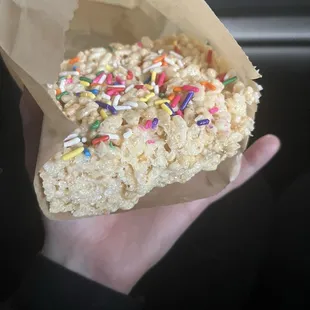 Rice crispy treat with sprinkles on top
