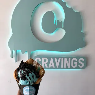 Cookie Monster Puffle Cone with Oreos and chocolate drizzle