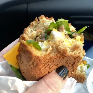 Gluten free breakfast sandwich with sausage.