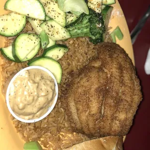 Fried catfish, rice and veggies