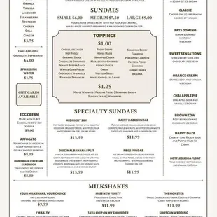 the menu for sunday's