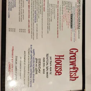 the menu for the crawfish house