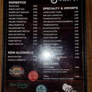 Back of cocktail menu