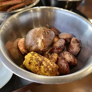 1/2 shrimp, potato, corn, sausages