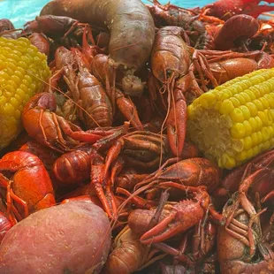 Boiled crawfish, corn, potatoes and sausage