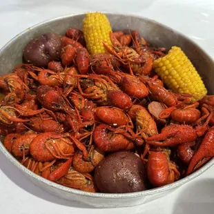 Crawfish boil with an extra ear of corn