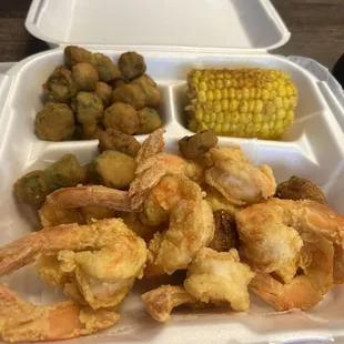 #2 fried shrimp dinner with okra and corn.  $20